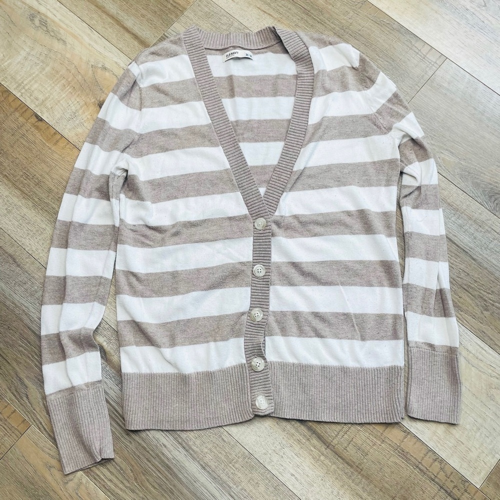 OLD Navy Beige White Striped Button Front V-Neck Cardigan Sweater Size M